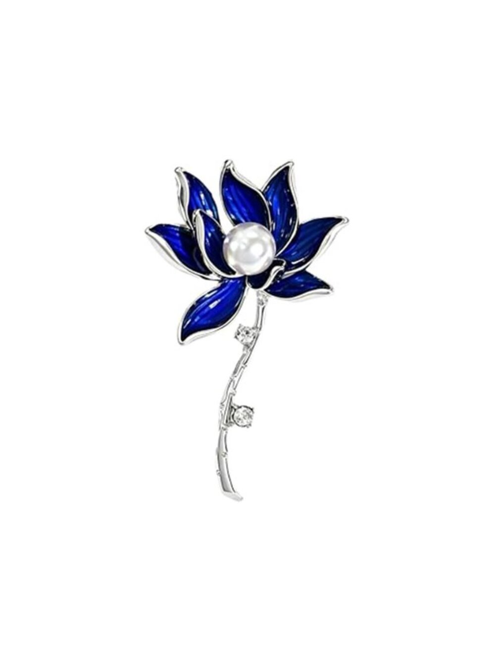 Elegant Blue Enamel Lotus Brooch for Women Vintage Pearl Center Crystal